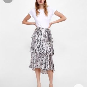 Zara silver tiered ruffle sequin skirt